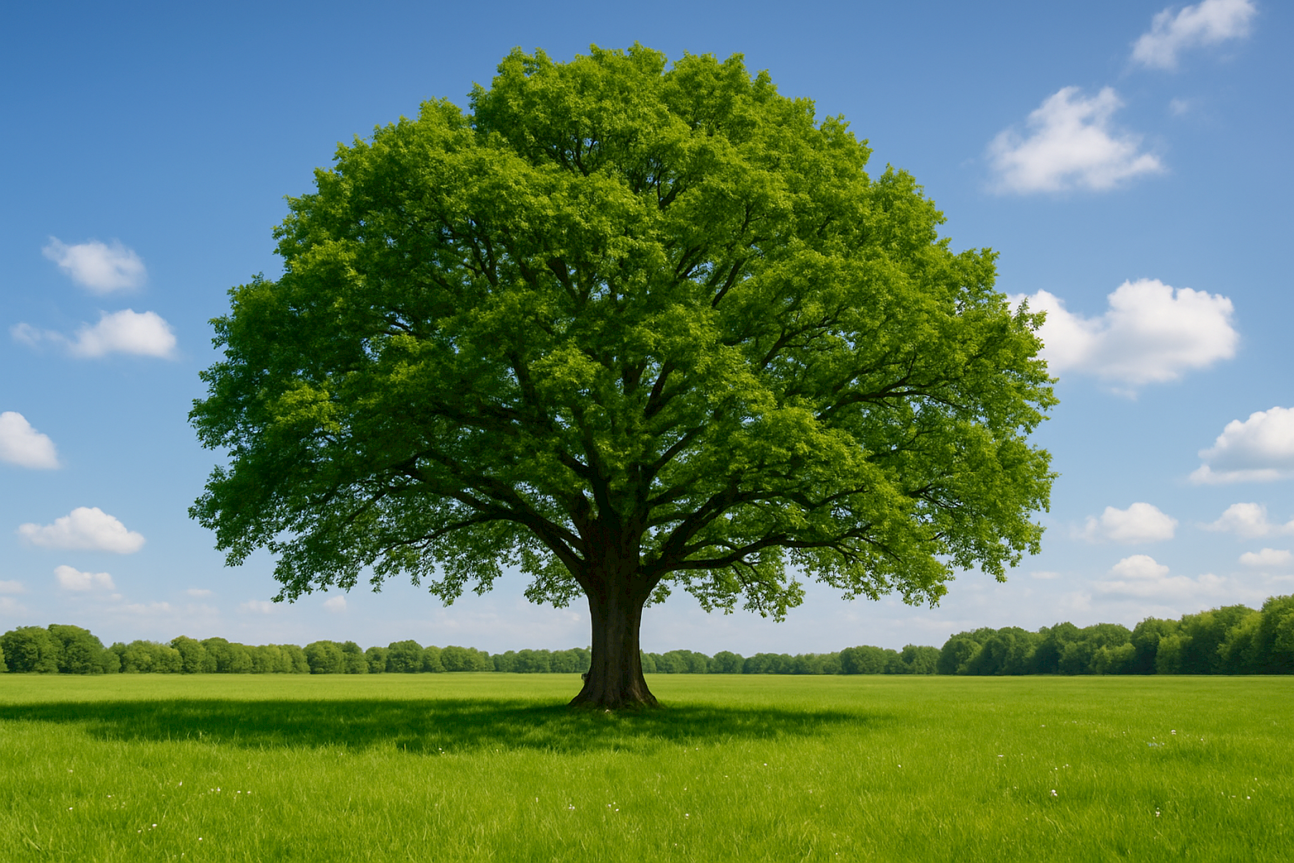 Ein großer Baum steht allein auf einer grünen Wiese unter einem blauen Himmel mit einigen Wolken.